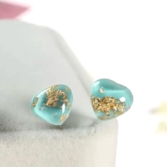 Blue Heart Gold Flake Fleck Glitter Sparkle Resin Dainty Tiny Stud Post Earrings - Picture 2 of 16